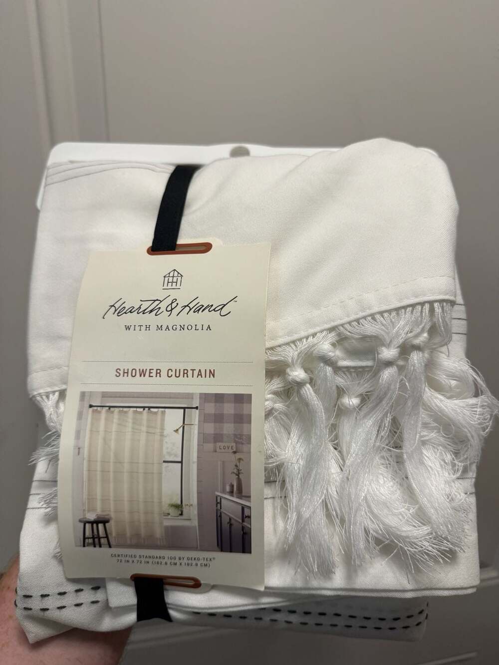 Hearth & Hand with Magnolia Cream & Gray Stripe Tassel Shower Curtain